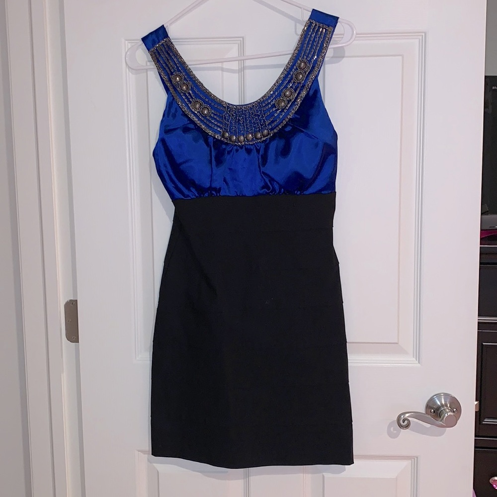 Blue and black mini dress with beading on top